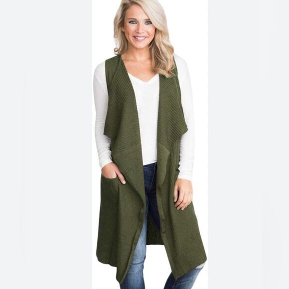 Olive green ribbed knit long line cardigan sweater vest with pockets size large - Picture 2 of 9